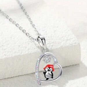 Cute Enamel Heart Penguin & Snowflake Fashion Pendant Silverplated Necklace